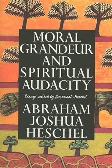 Cover of Moral Grandeur and Spiritual Audacity, red, yellow, and orange background with illustrated black and white trees in rows